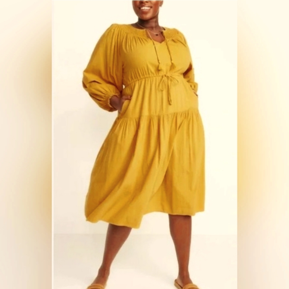 NWT! Waist-Defined Mustard Yellow Crinkle-Textured Long-Sleeve Midi Dress 2XL